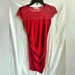 Finejo Red Bodycon Red Ruched Maternity Mini Dress w/ Lace Neckline Size S